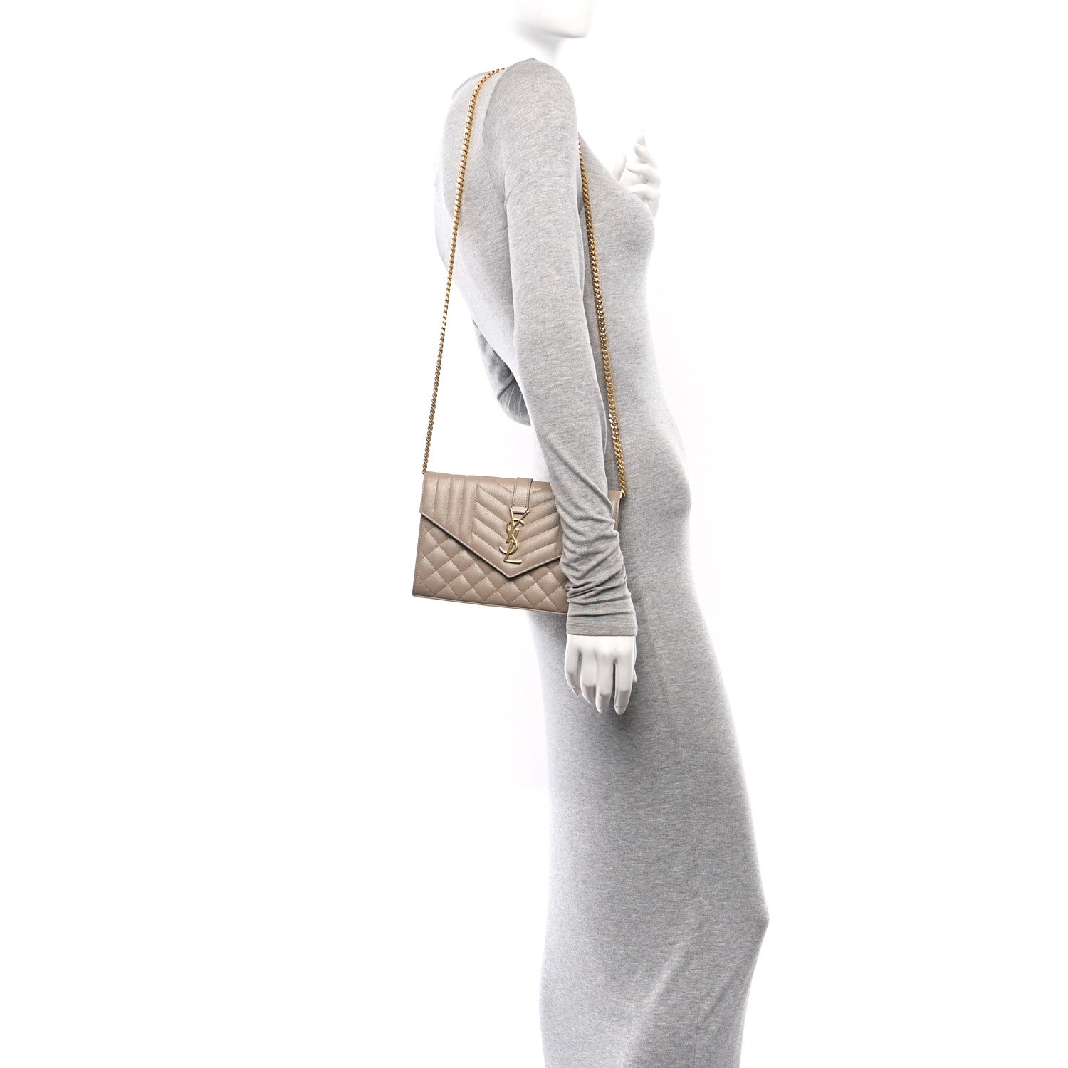 Saint Laurent Grain De Poudre Mixed Matelasse Triquilt Monogram Chain Wallet Dark Beige 2 of 10