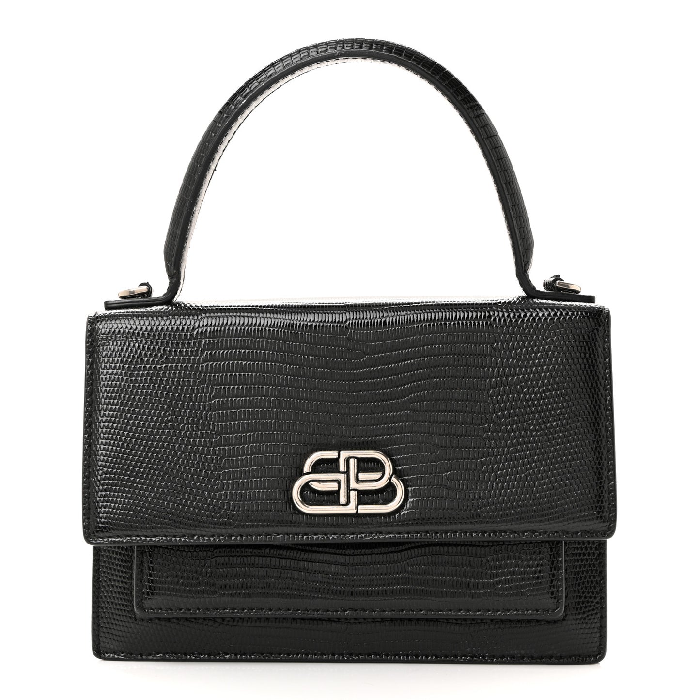 Patent Calfskin Lizard Embossed XS Sharp Top Handle Bag Black
