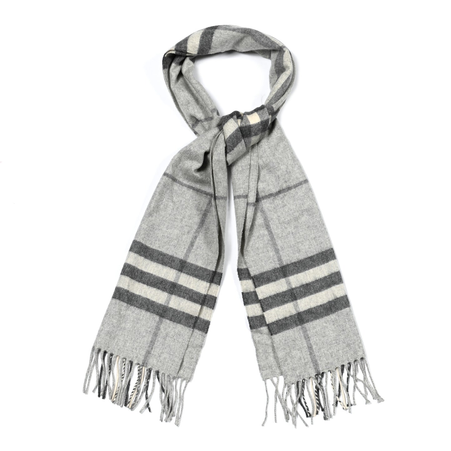 Cashmere Giant Check Fringe Scarf Pale Grey