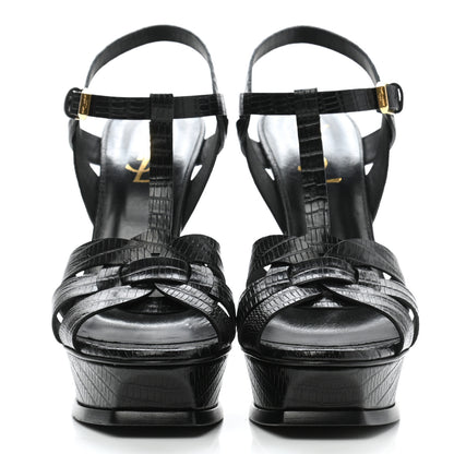 Saint Laurent Calfskin Lizard Embossed Tribute 105 Platform Sandals 37 Black 2 of 10
