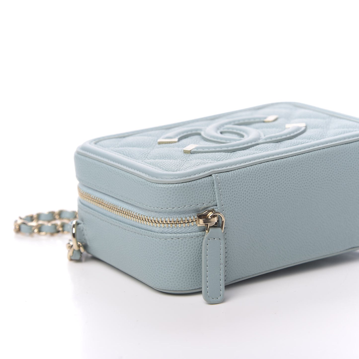 Caviar Quilted Filigree Vanity Clutch With Chain Light Blue
