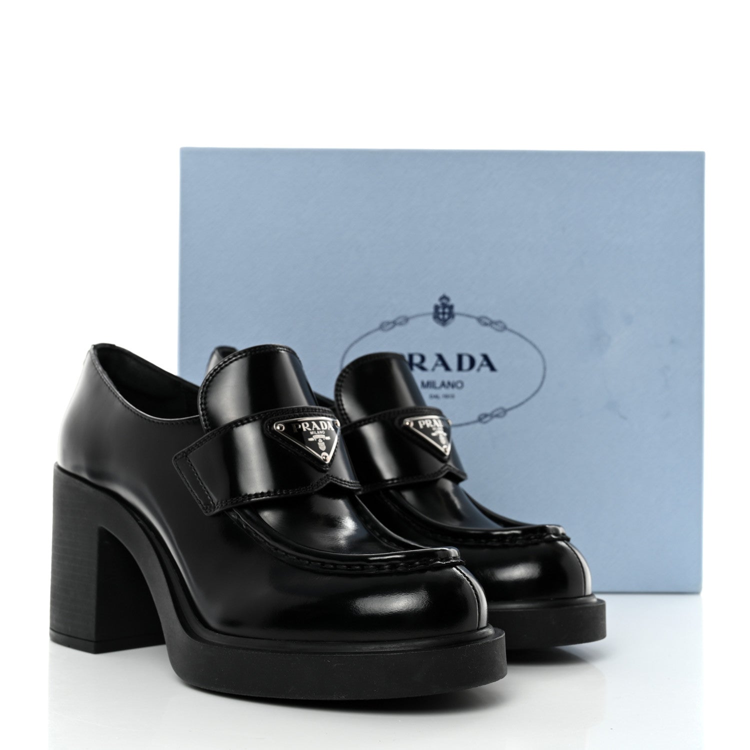 Prada Spazzolato Metal Triangle Logo 85mm Loafers 38 Black 9 of 9