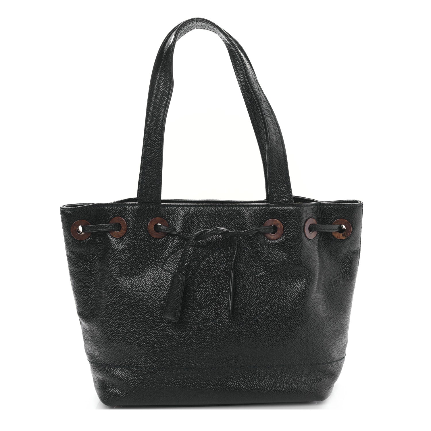 Chanel Caviar Wood CC Drawstring Bucket Bag Black 1 of 9