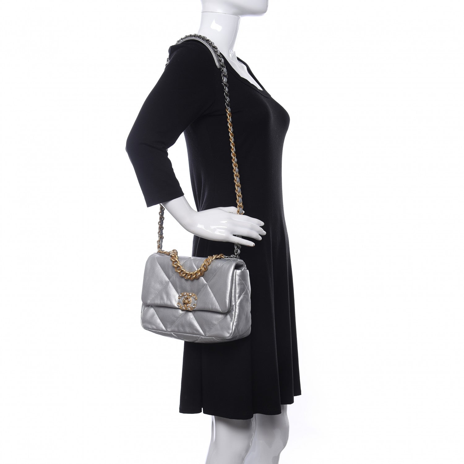 Chanel Metallic Goatskin Quilted Medium Chanel 19 Flap Silver 2 of 9