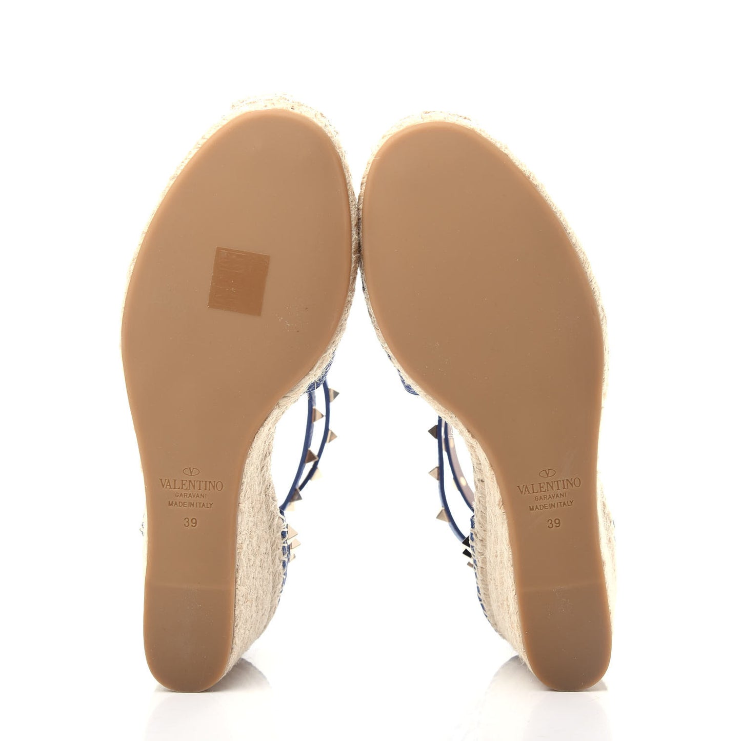 Grained Calfskin Rockstud Ankle Wrap Espadrille 15/85mm Wedges 39 Baltique