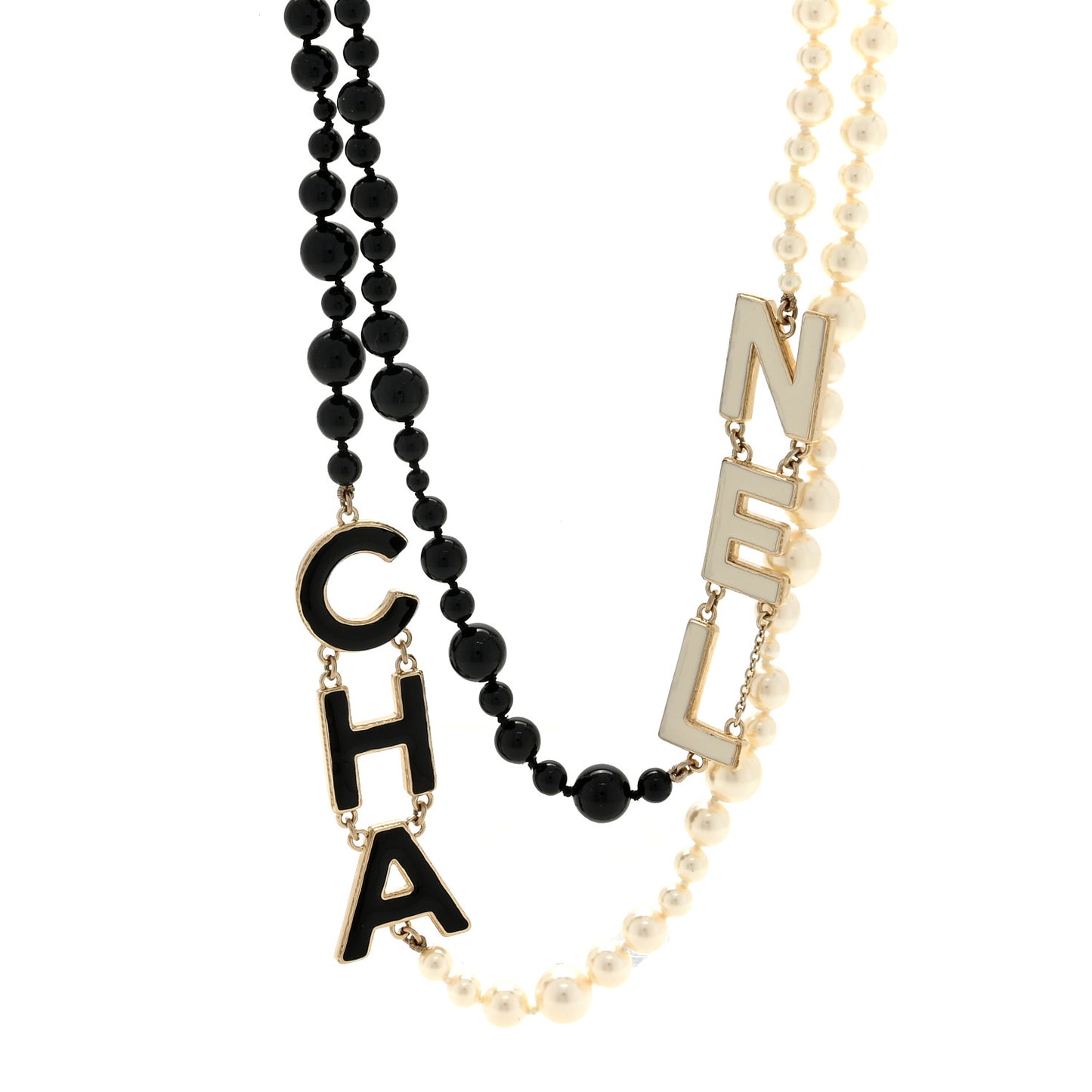 Metal Enamel Pearl Beaded Cha-Nel Logo CC Long Necklace Black White
