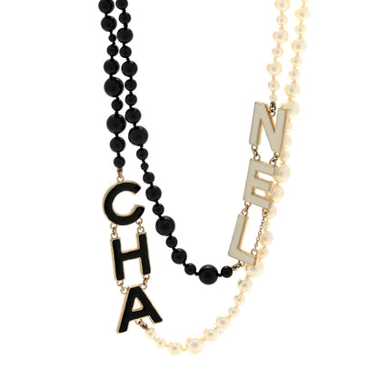 Chanel Metal Enamel Pearl Beaded Cha-Nel Logo CC Long Necklace Black White 1 of 4