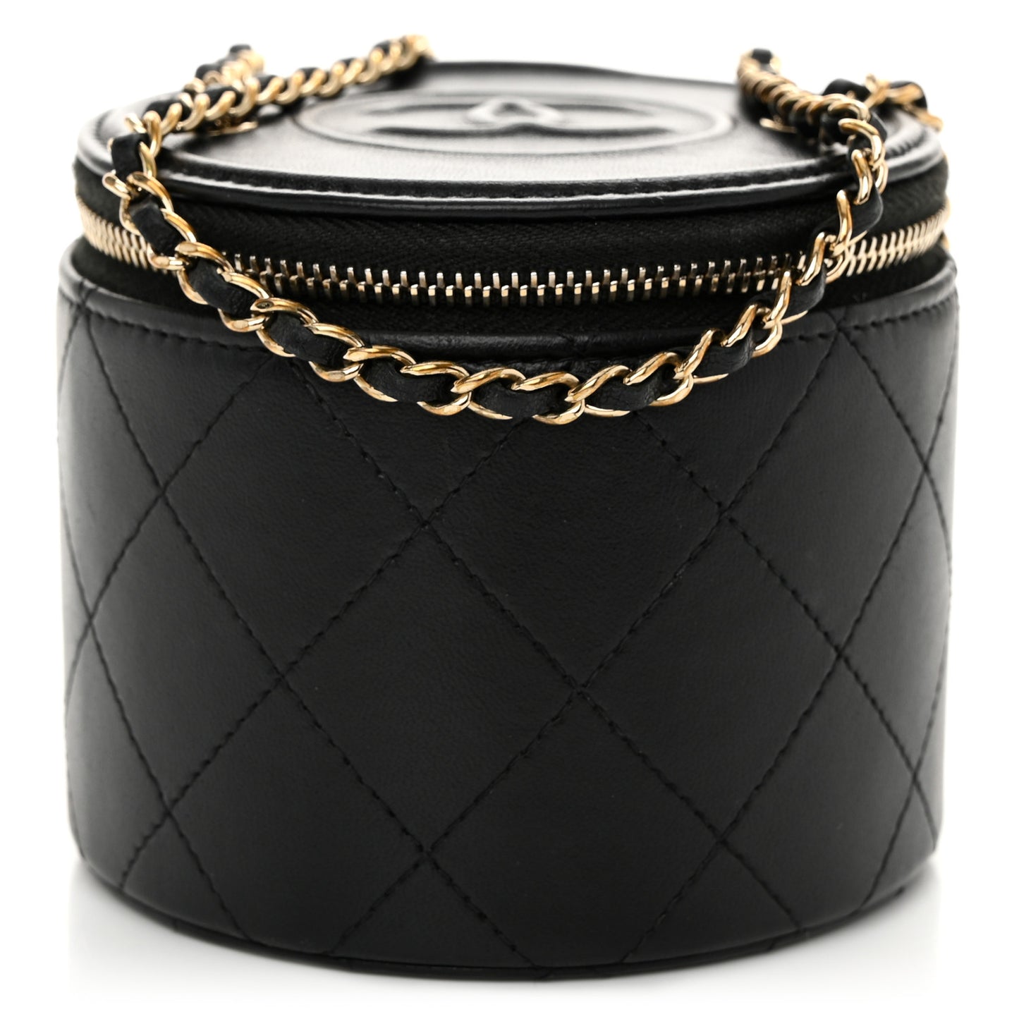 Lambskin Quilted Round Small Vanity Case With Chain Black