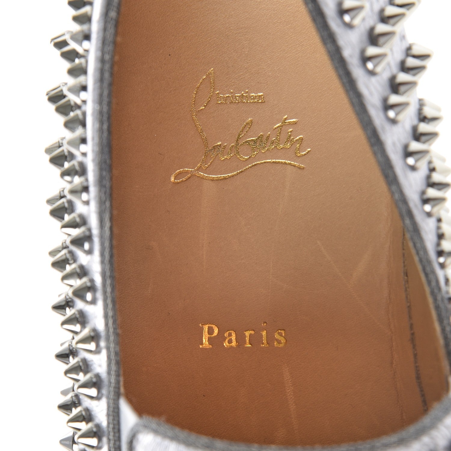Christian Louboutin Mens Metallic Calfskin Spikes Roller Boat Flat 44.5 Silver 8 of 8