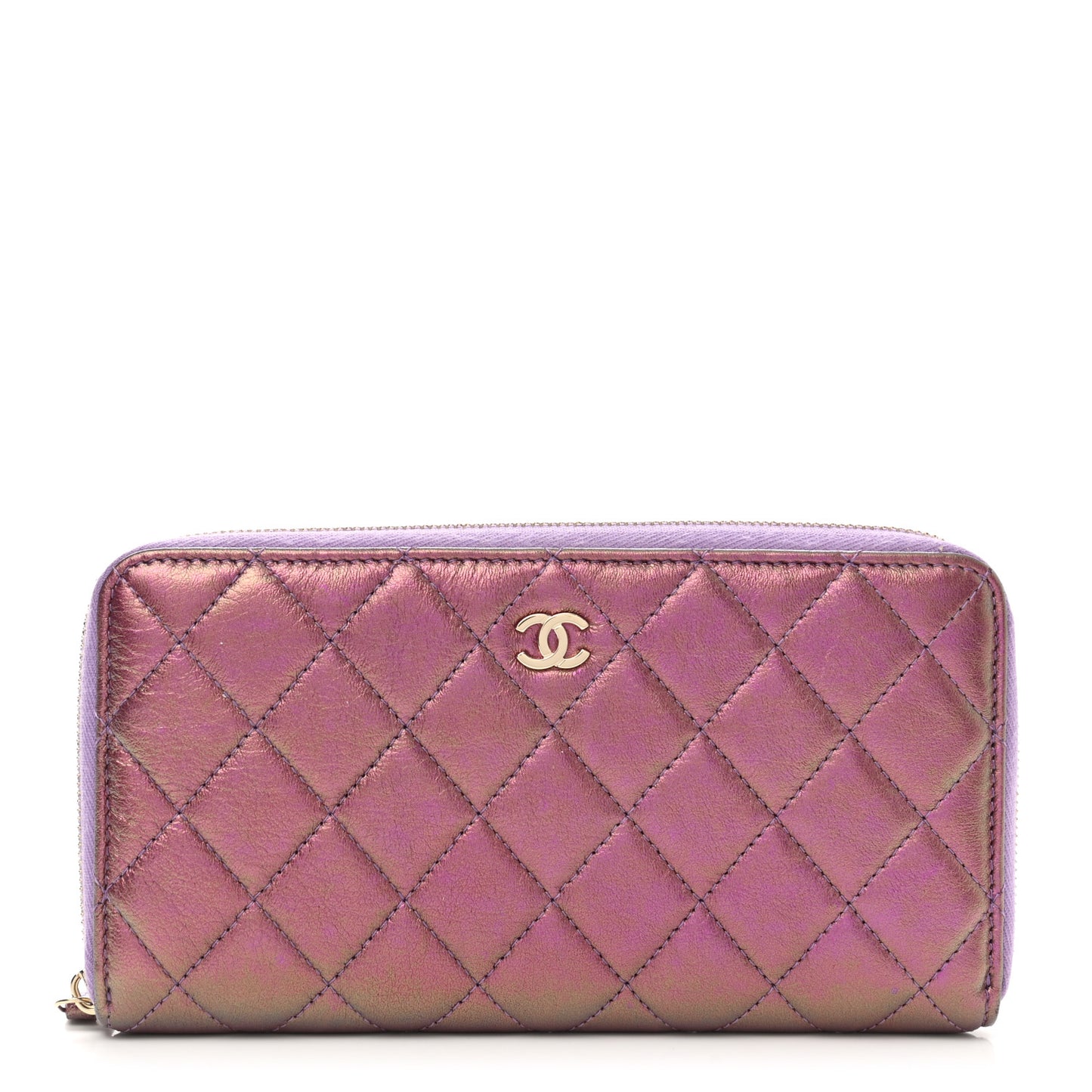 Iridescent Lambskin Quilted Large Gusset Zip Around Wallet Purple