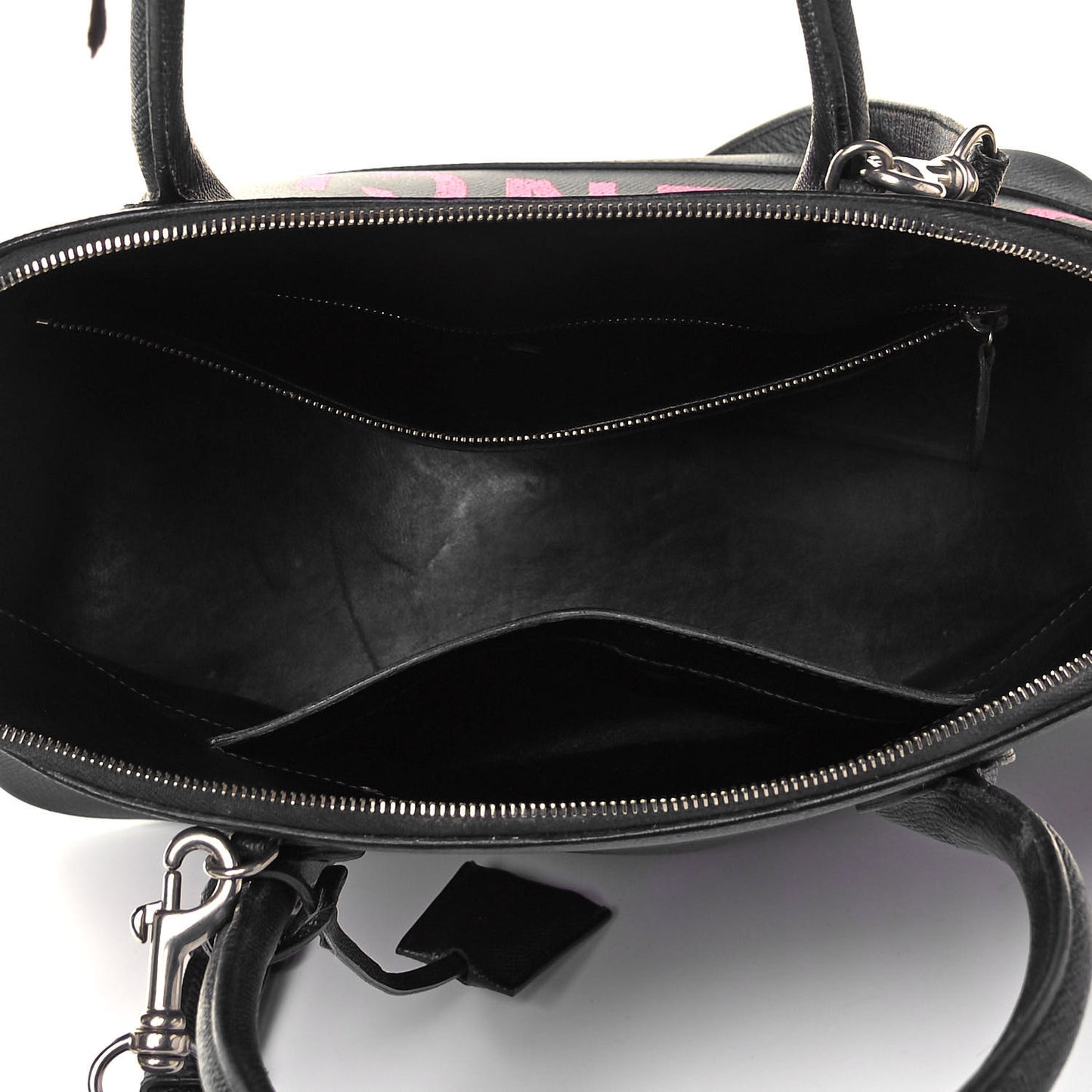 Signature Grained Calfskin Logo M Ville Top Handle Bag Black Rose Shocking