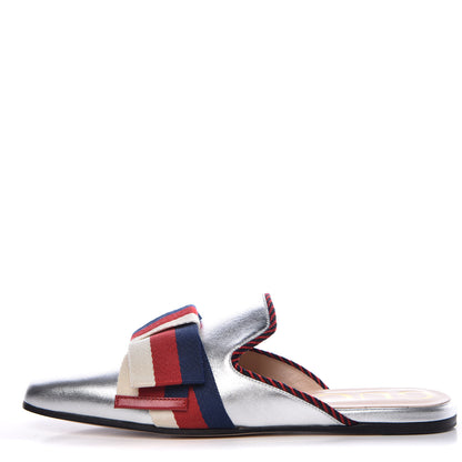 Gucci Metallic Calfskin Stylvie Bow Slippers 36.5 Silver 1 of 8