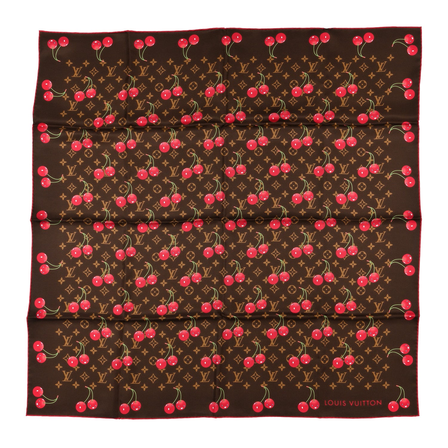 Louis Vuitton LV X TM Silk Monogram Cerises Square Scarf 90 Brown 1 of 3