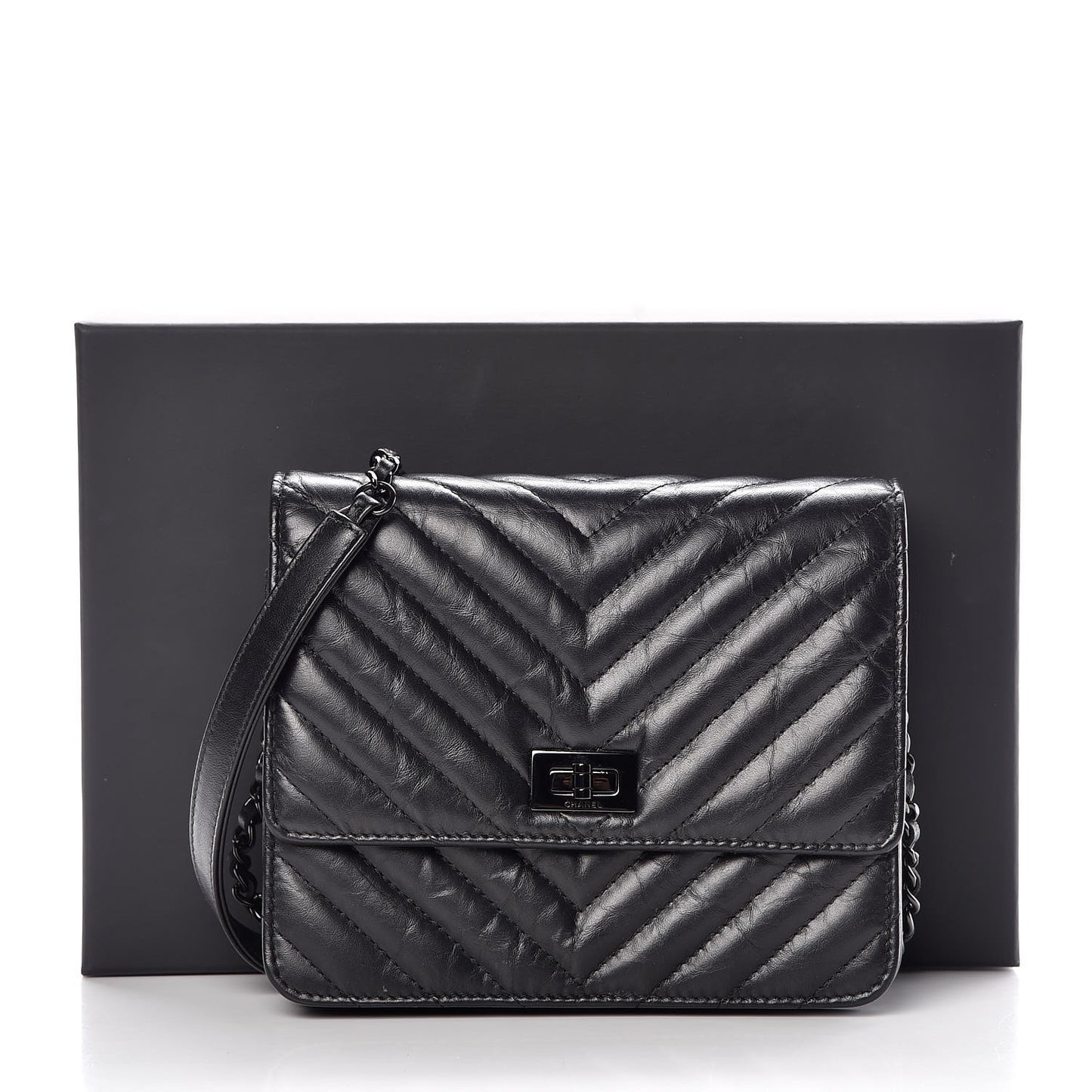 Aged Calfskin Chevron Quilted Reissue 2.55 Square Wallet On Chain WOC So Black