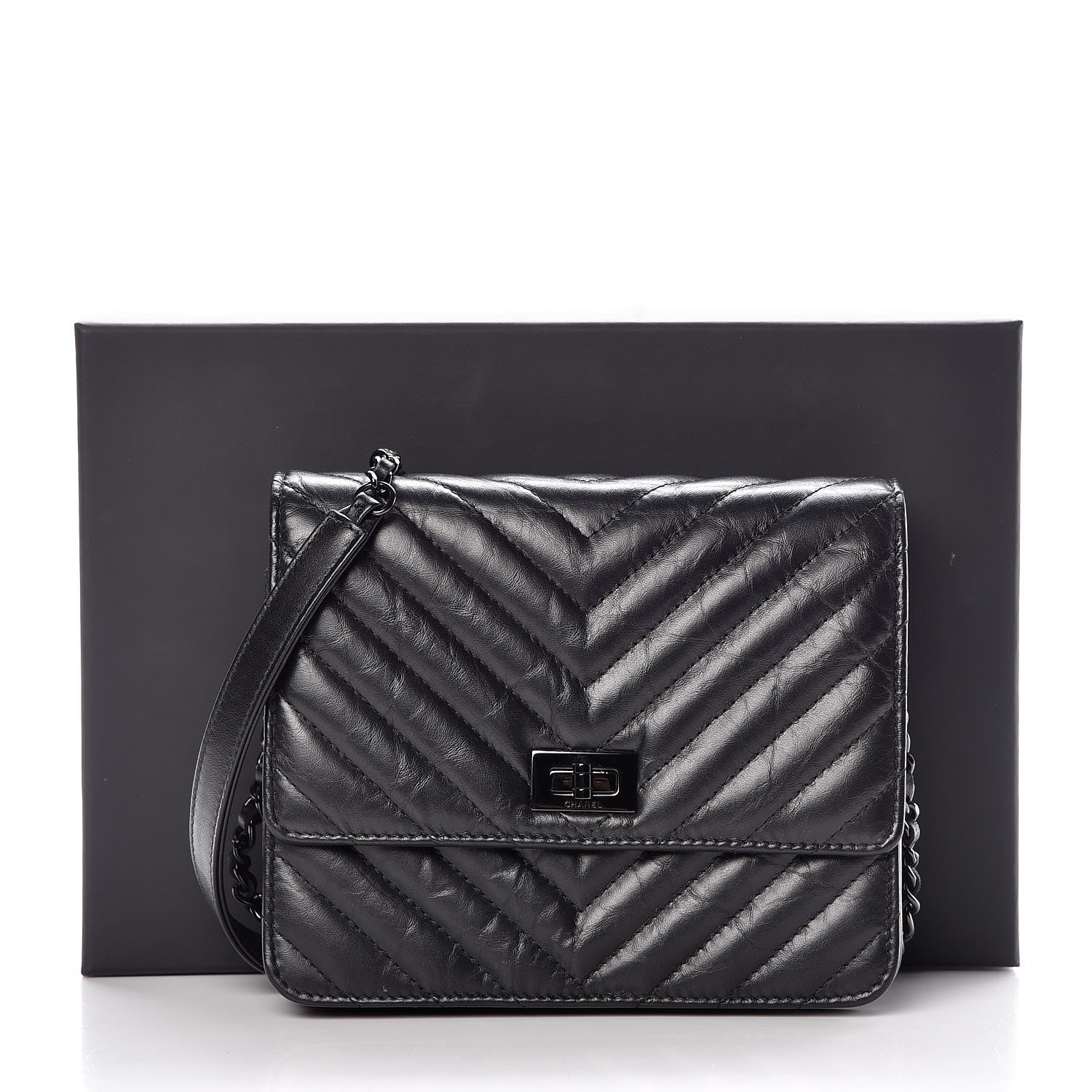 Chanel Aged Calfskin Chevron Quilted Reissue 2.55 Square Wallet On Chain WOC So Black 9 of 9