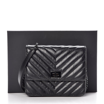Chanel Aged Calfskin Chevron Quilted Reissue 2.55 Square Wallet On Chain WOC So Black 9 of 9