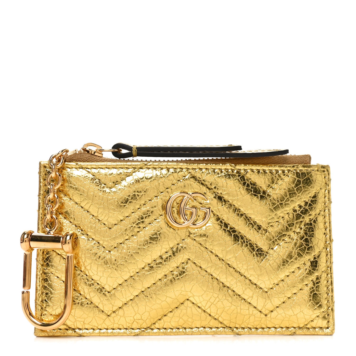 Gucci Metallic Crinkled Calfskin Matelasse GG Marmont Zip Key Pouch Gold 1 of 6