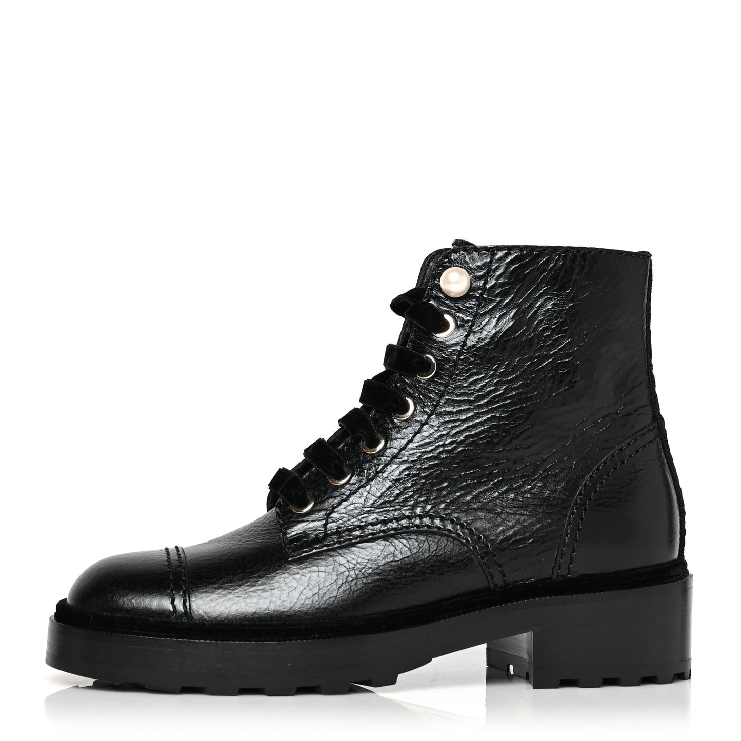 Shiny Calfskin Velvet Pearl Combat Short Boots 36.5 Black