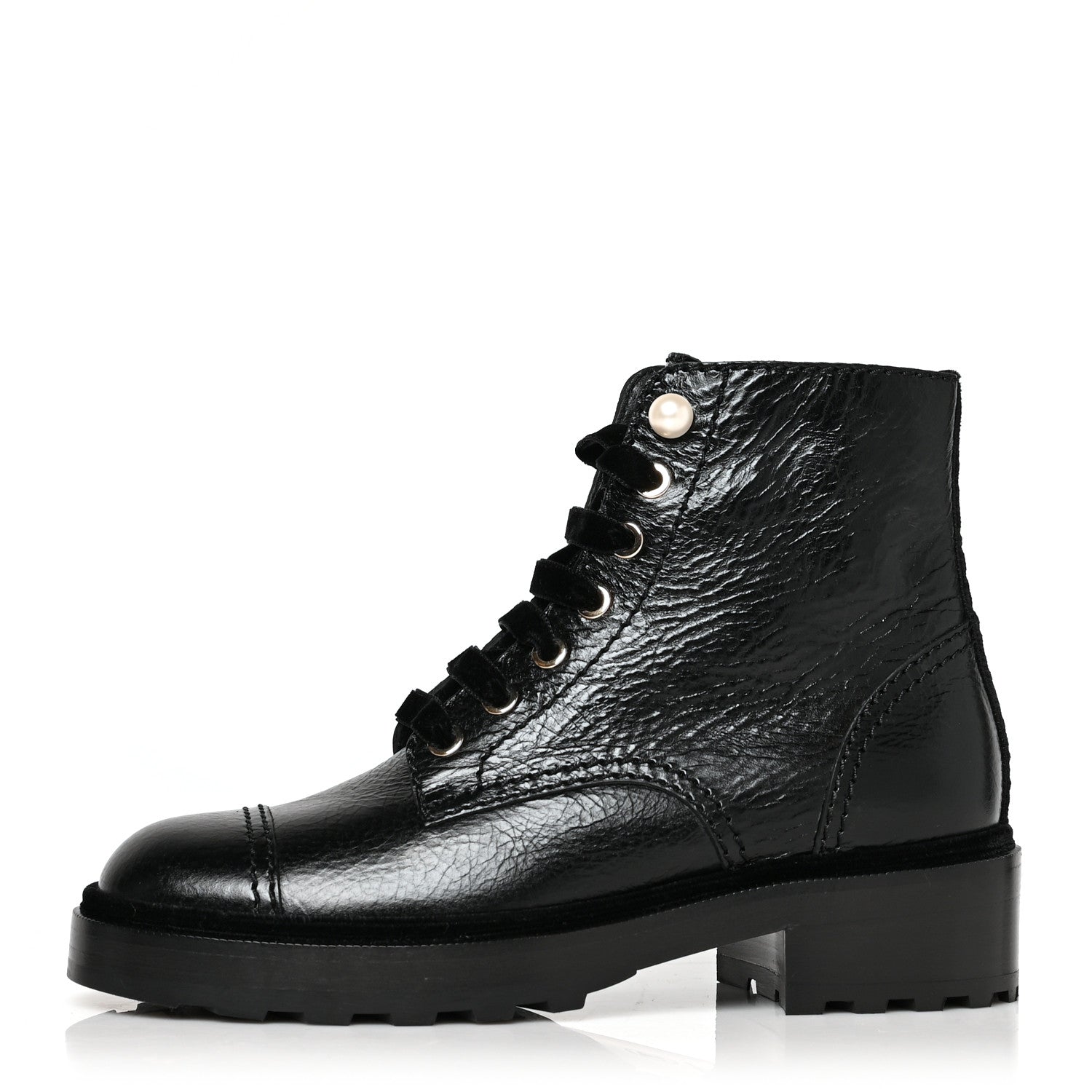 Chanel Shiny Calfskin Velvet Pearl Combat Short Boots 36.5 Black 1 of 7