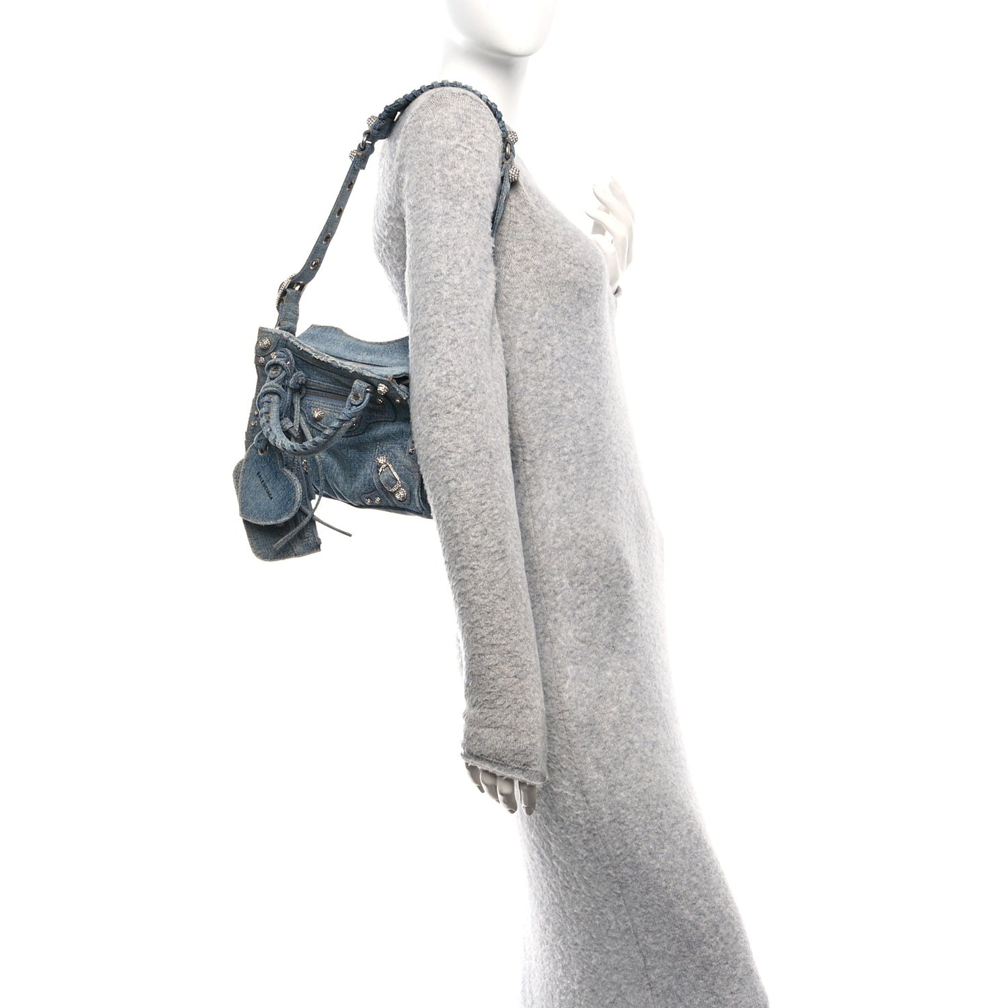 Washed Frayed Denim Crystal Neo Cagole Handbag XS Blue