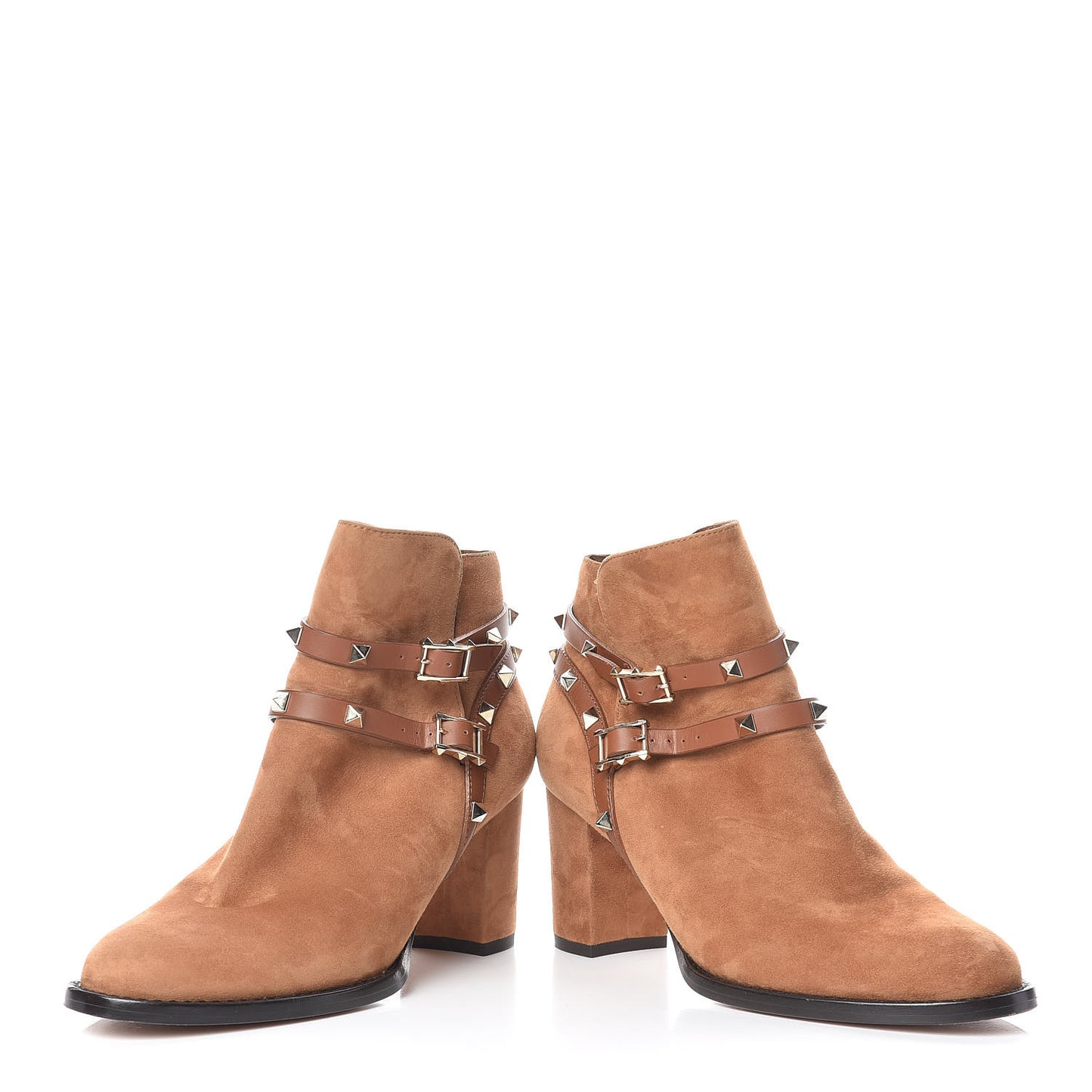 Suede Rockstud Double Buckle 70mm Block Heel Ankle Boots 38.5 Tobacco