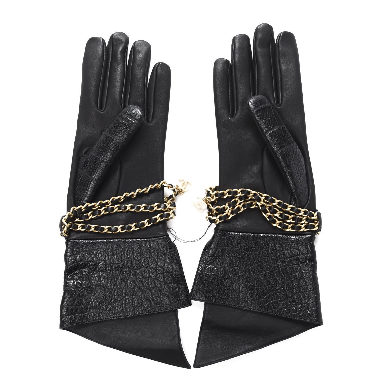 Chanel Lambskin Crocodile Embossed Chain Gloves 8 Black 2 of 5