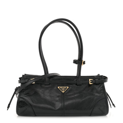 Prada Glossy Calfskin Triangle Medium Bonnie Shoulder Bag Black 1 of 11