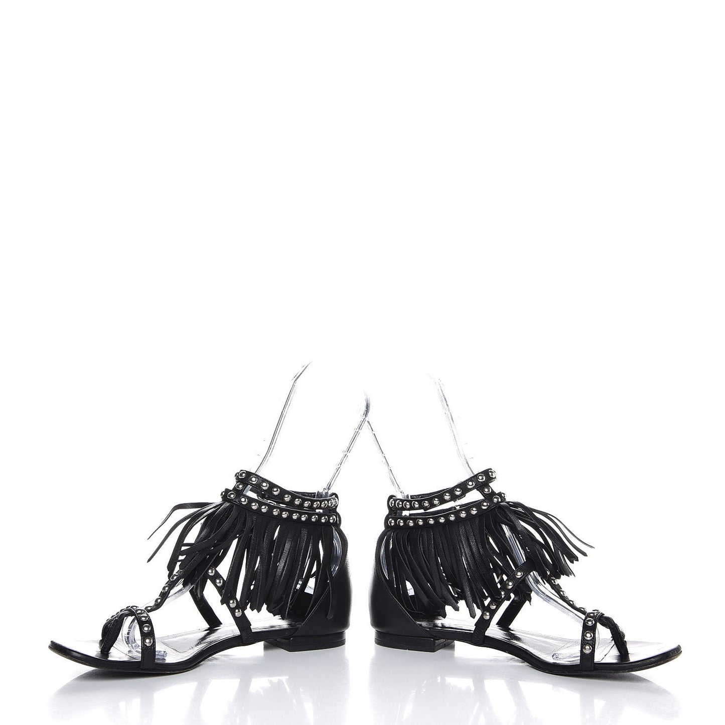 Calfskin Studded Fringe Cyuko Sandals 37.5 Black