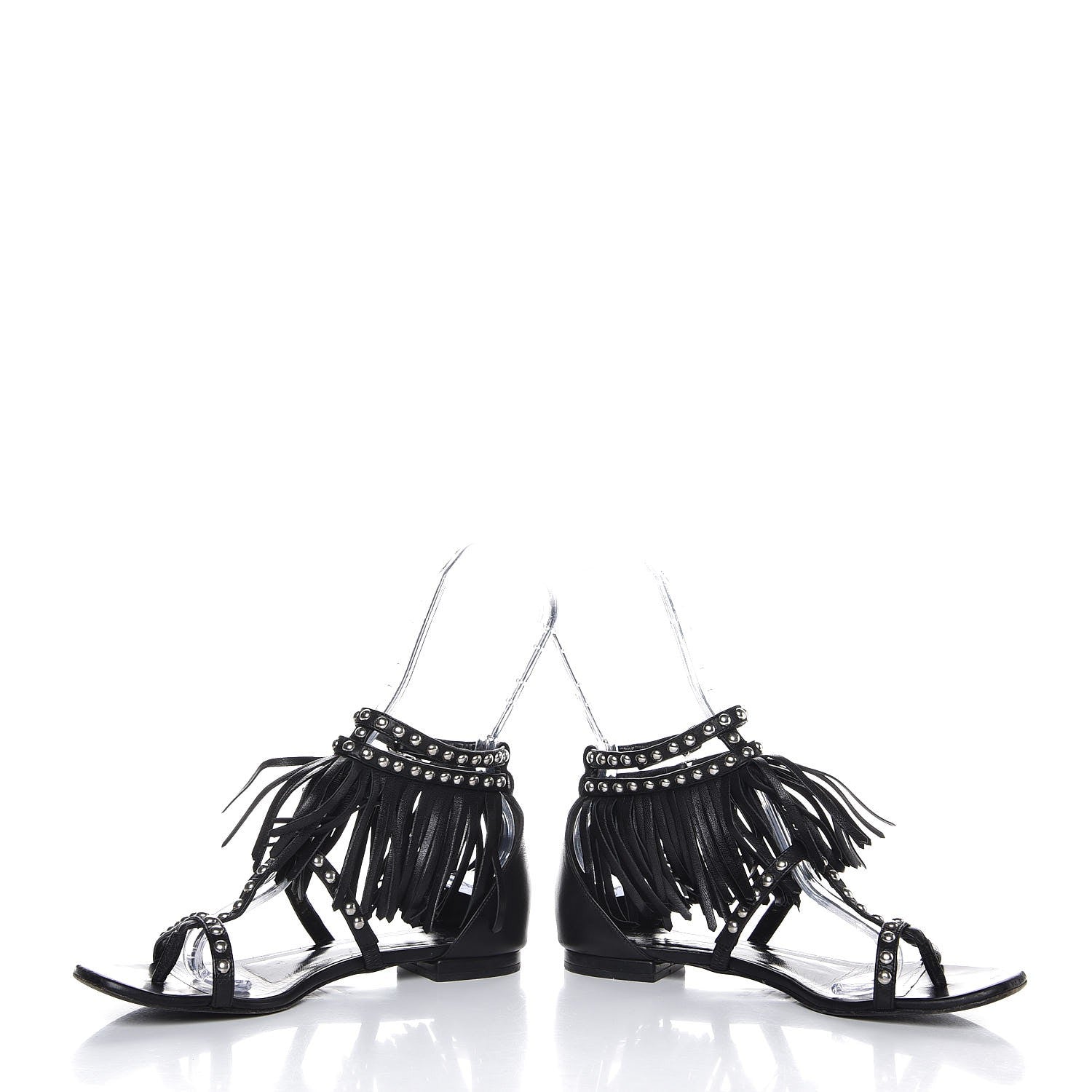 Saint Laurent Calfskin Studded Fringe Cyuko Sandals 37.5 Black 4 of 8