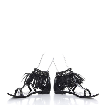 Saint Laurent Calfskin Studded Fringe Cyuko Sandals 37.5 Black 4 of 8