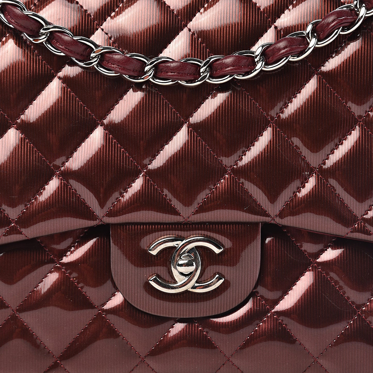 Striated Patent Quilted Jumbo Double Flap Burgundy