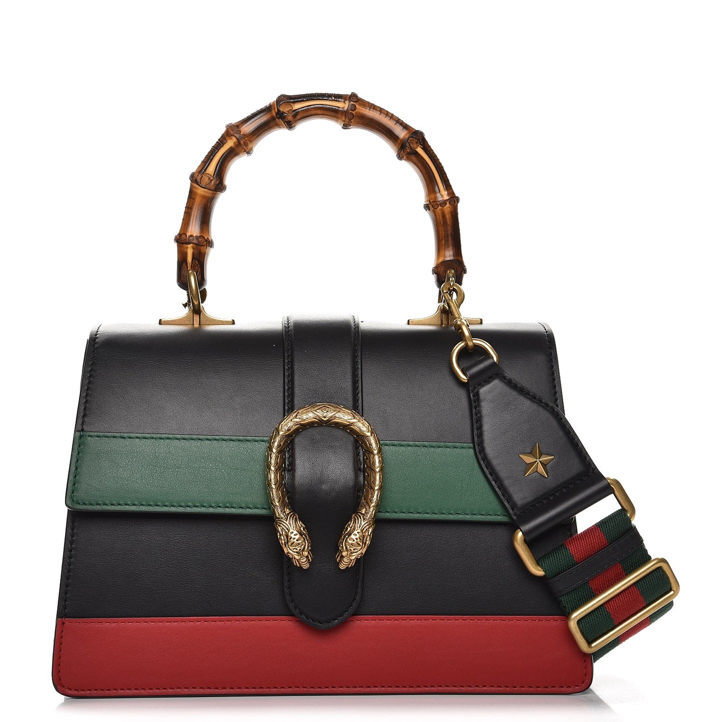 Moon Calfskin Web Medium Dionysus Bamboo Top Handle Bag Black Bright Evergreen Hibiscus Red