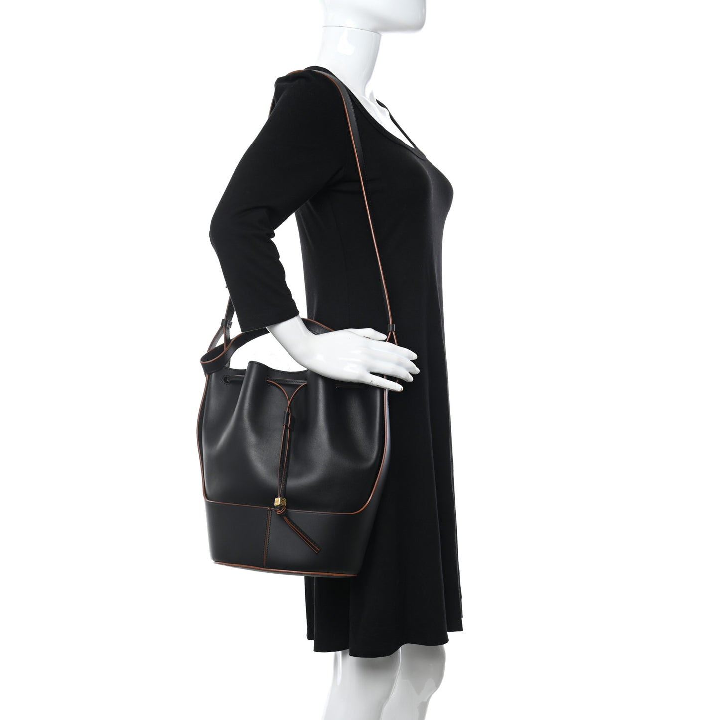 Calfskin Balloon Medium Bucket Bag Black Tan