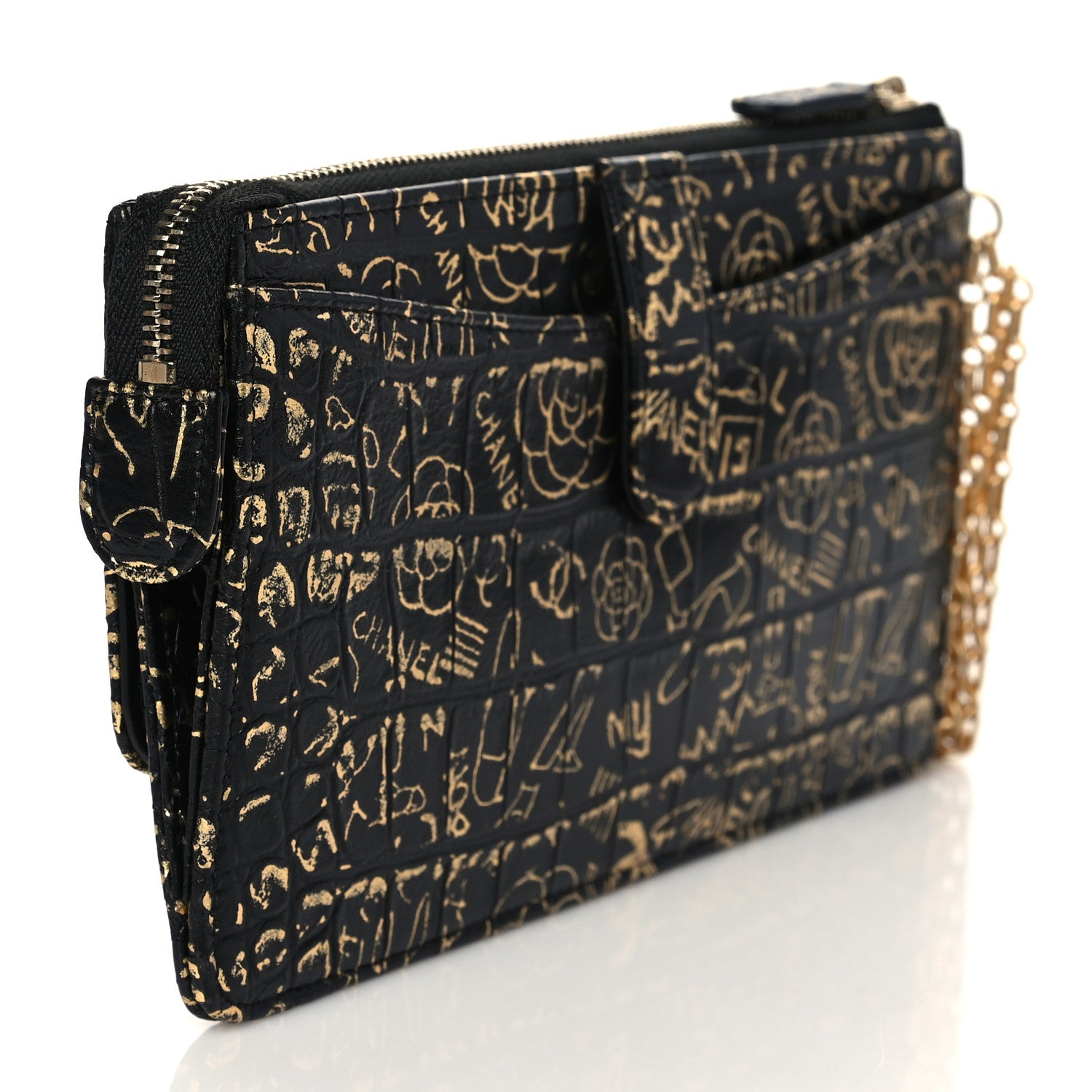 Chanel Calfskin Crocodile Embossed Egyptian Graffiti Pouch With Chain Handle Black Gold 2 of 10