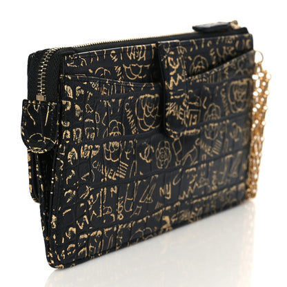 Chanel Calfskin Crocodile Embossed Egyptian Graffiti Pouch With Chain Handle Black Gold 2 of 10
