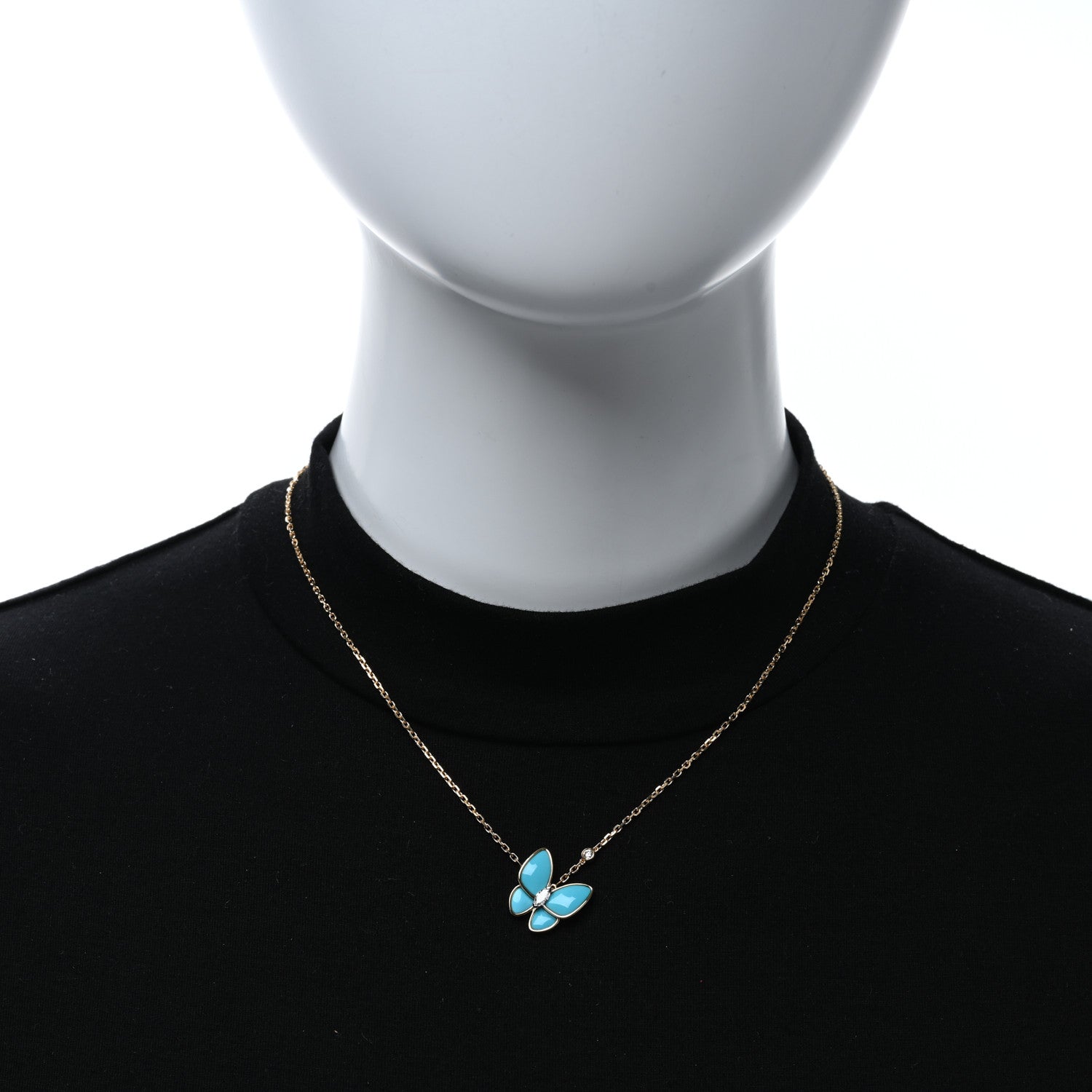 Van Cleef & Arpels 18K Yellow Gold Diamond Turquoise Two Butterfly Pendant Necklace 2 of 5