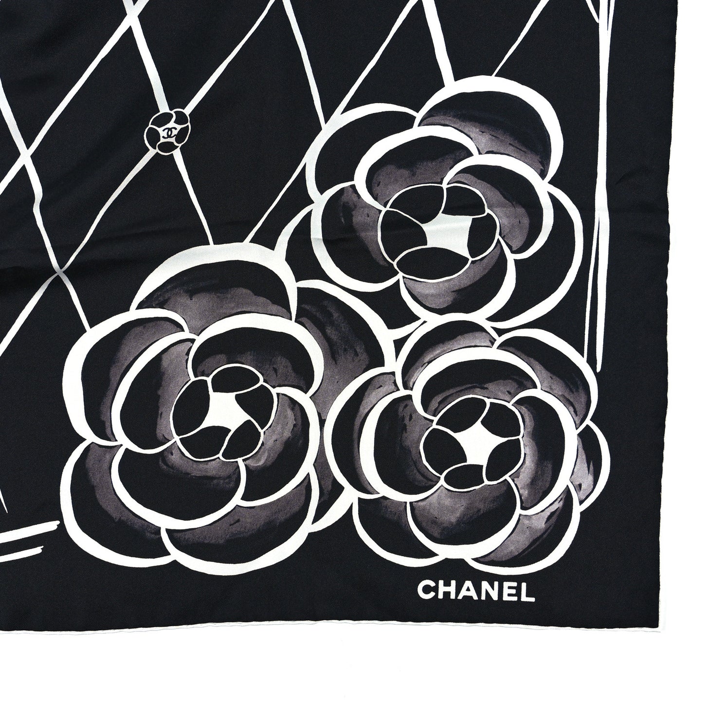 Silk CC Logo Camellia Scarf Black White