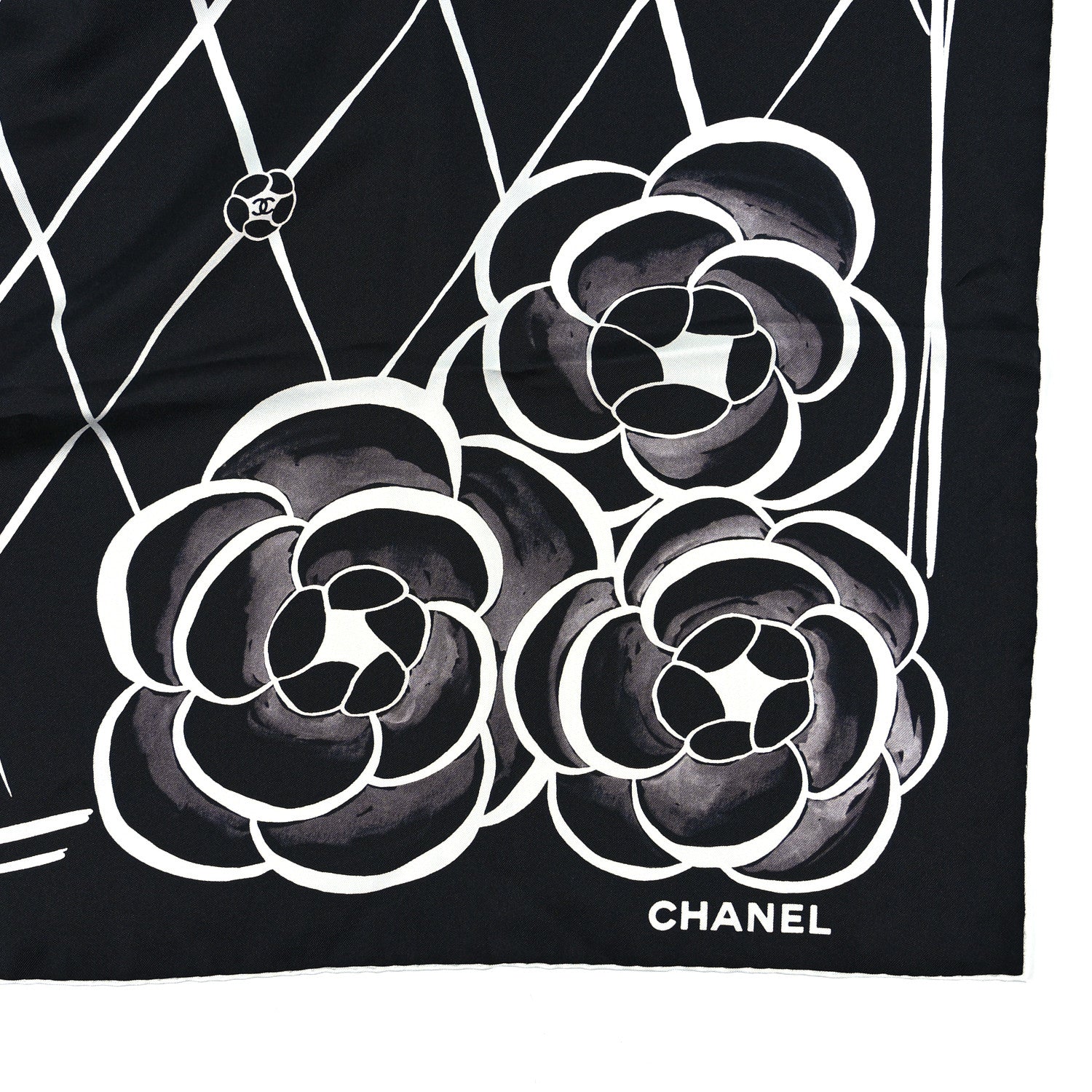 Chanel Silk CC Logo Camellia Scarf Black White 3 of 4
