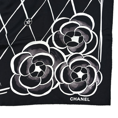 Chanel Silk CC Logo Camellia Scarf Black White 3 of 4