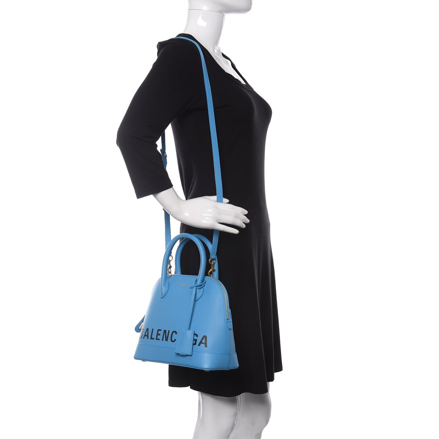 Signature Grained Calfskin Logo S Ville Top Handle Bag Bleu Turquoise