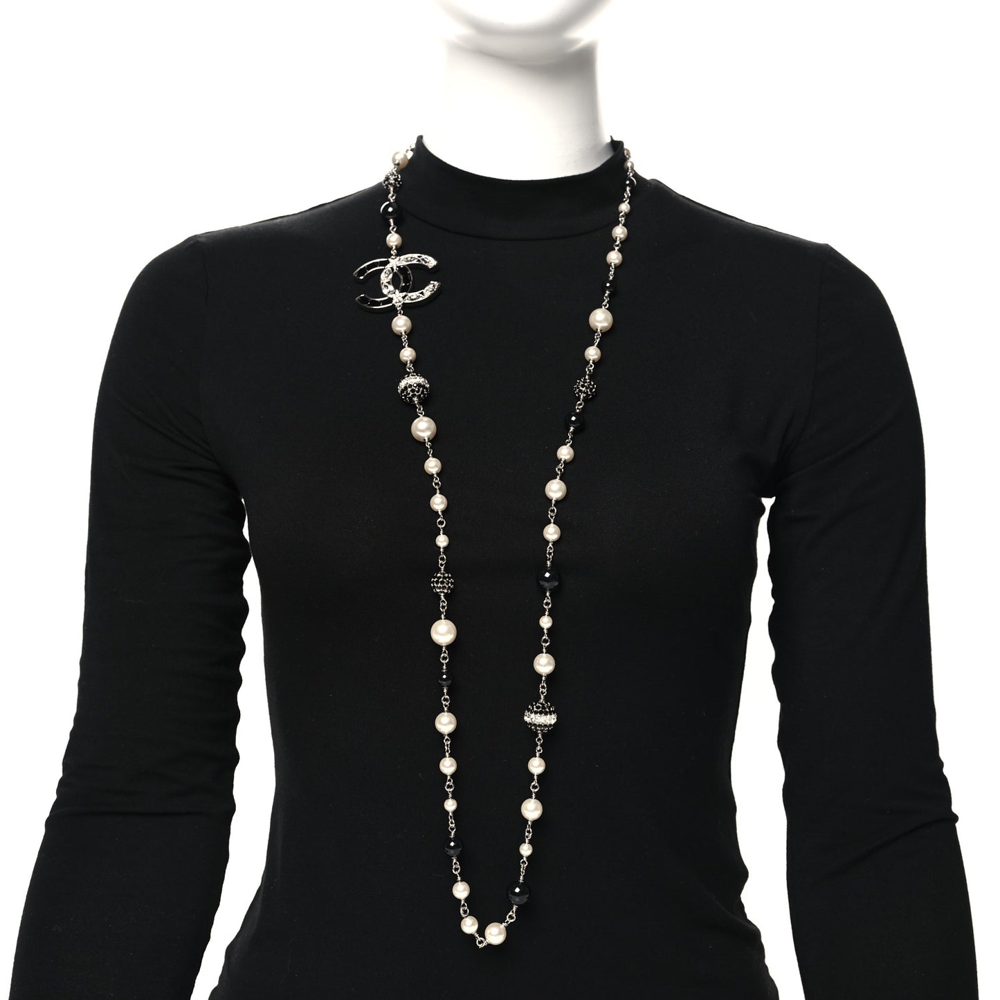 Marquise Crystal Pearl Bead CC Long Necklace Silver Black