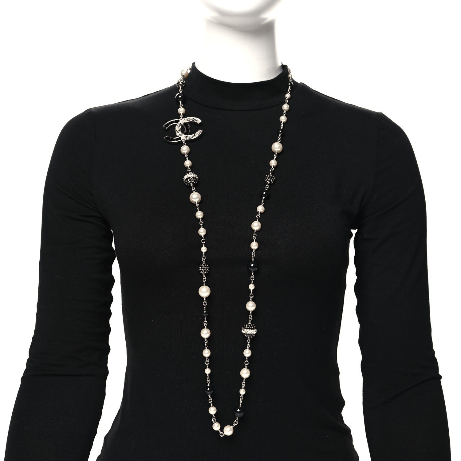 Chanel Marquise Crystal Pearl Bead CC Long Necklace Silver Black 2 of 5
