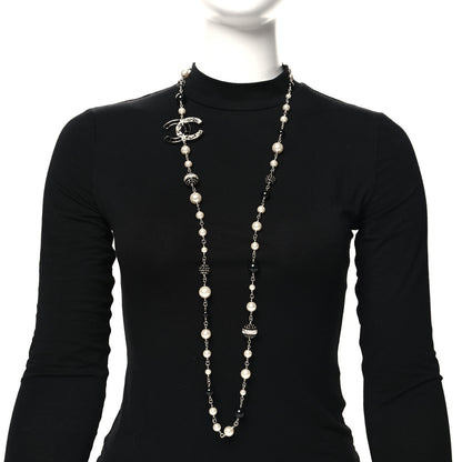 Chanel Marquise Crystal Pearl Bead CC Long Necklace Silver Black 2 of 5