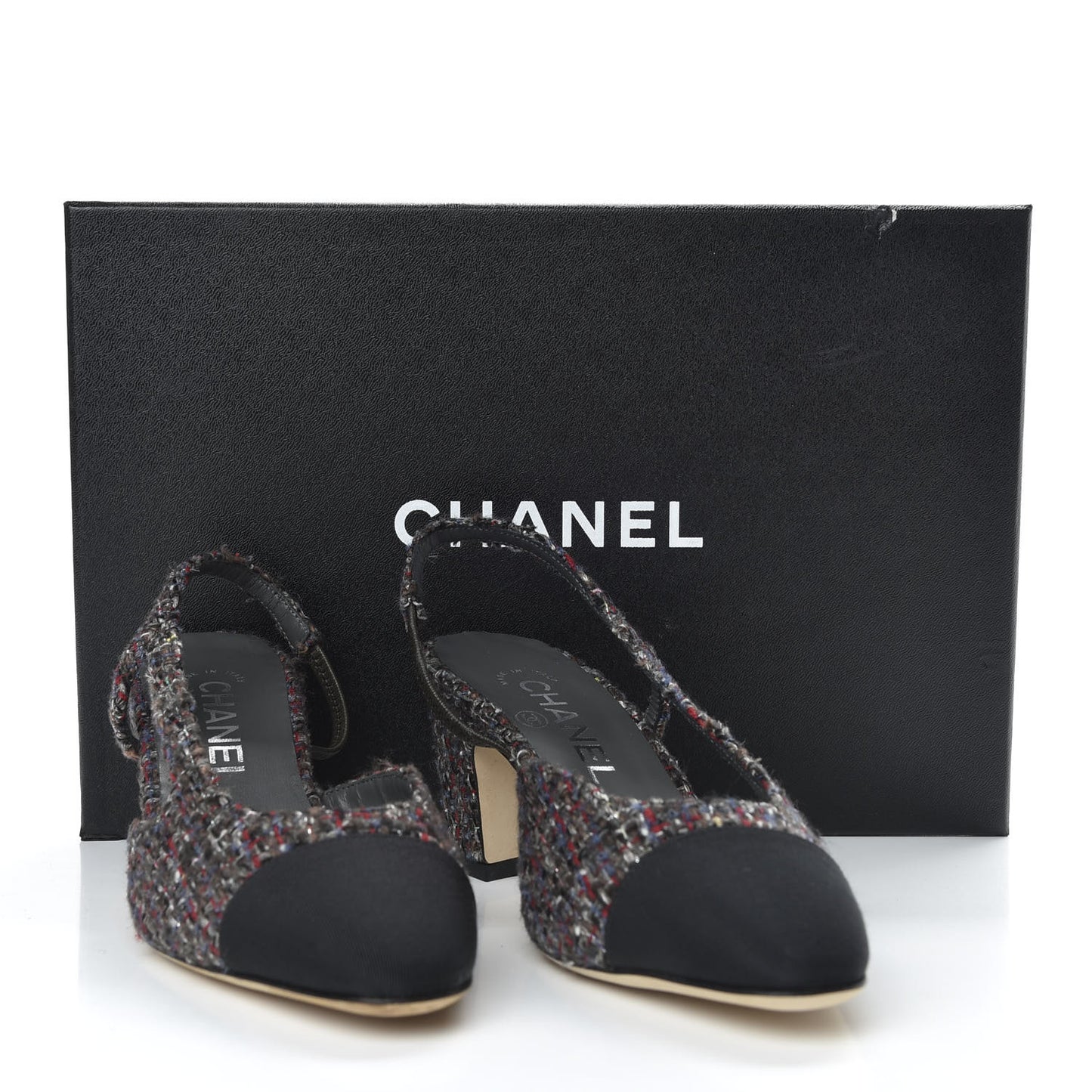Tweed Grosgrain Cap Toe CC Slingback Pumps 35.5 Brown Red Black