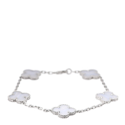 Van Cleef & Arpels 18K White Gold Chalcedony 5 Motifs Vintage Alhambra Bracelet 1 of 8