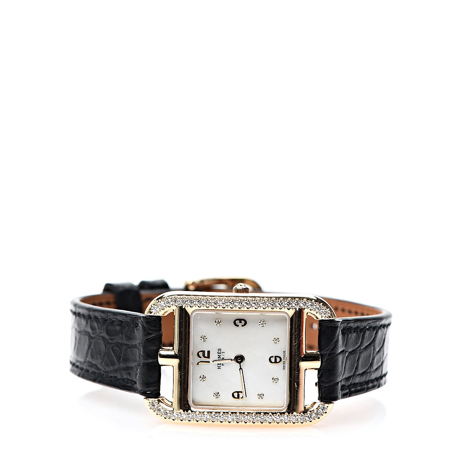 Hermes 18K Yellow Gold Alligator Diamond Bezel Mother of Pearl 23mm Cape Cod Quartz Watch Noir 2 of 7