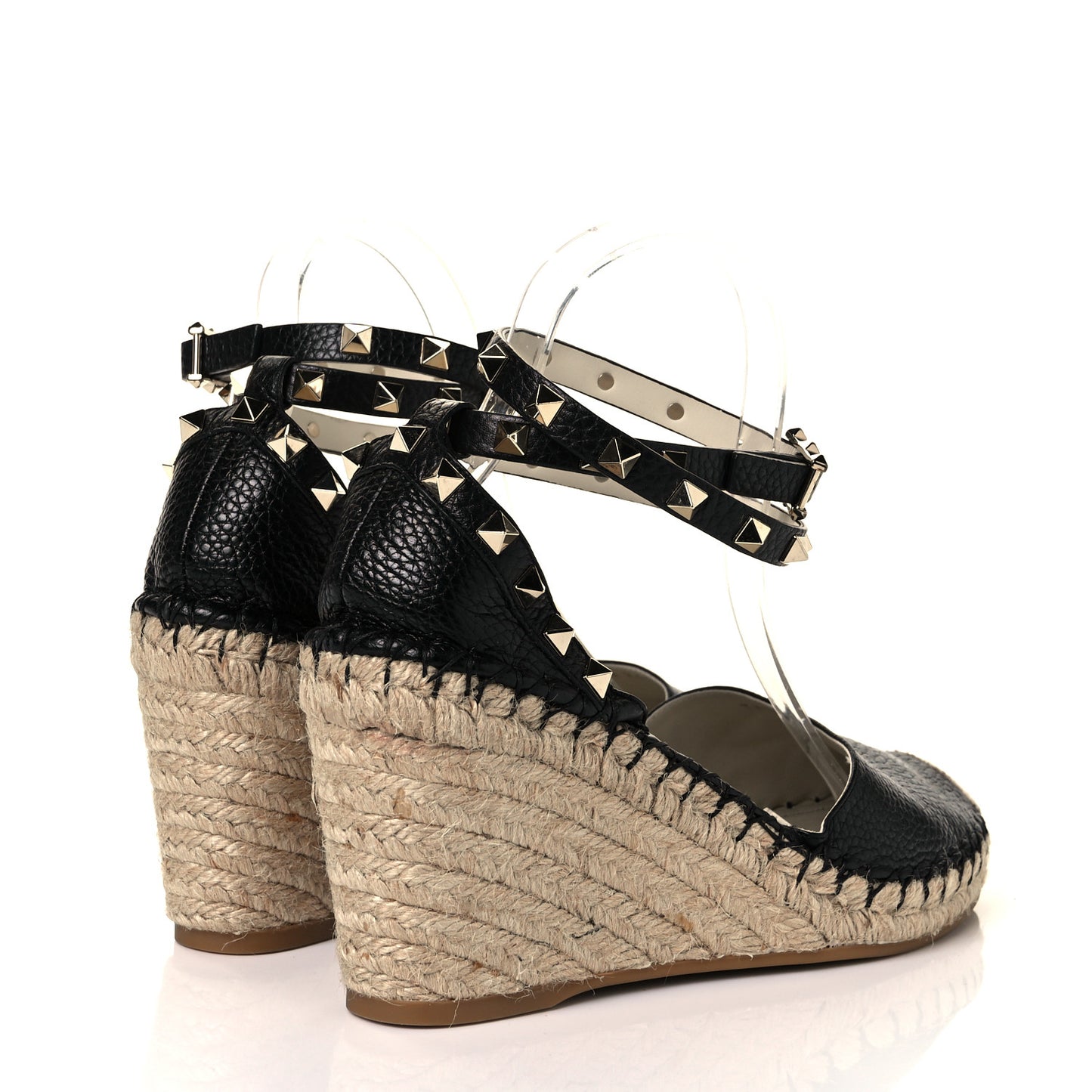 Grained Calfskin Rockstud Ankle Wrap Espadrille 15/85mm Wedges 41 Black Light Ivory