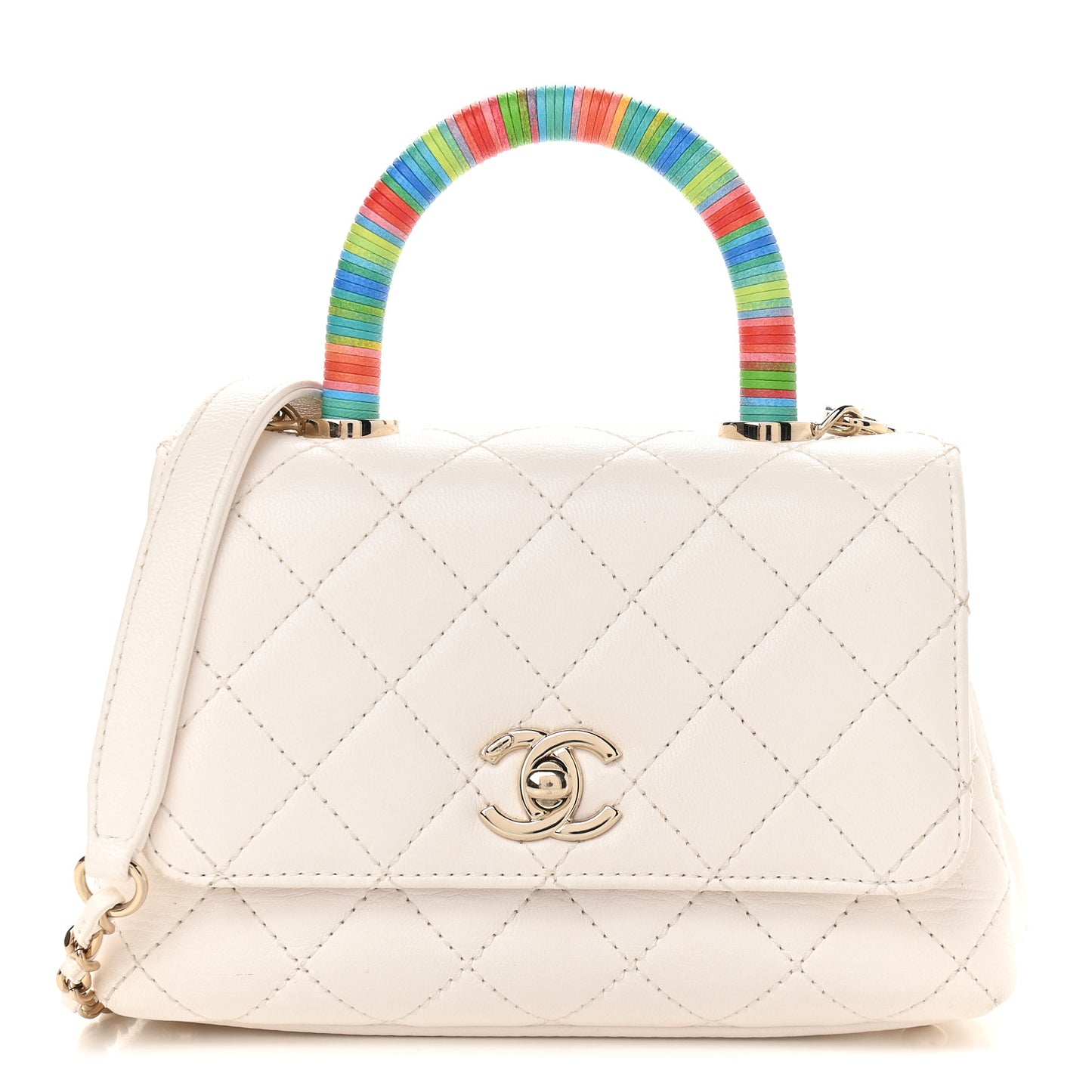 Goatskin Quilted Extra Mini Rainbow Coco Handle Flap White