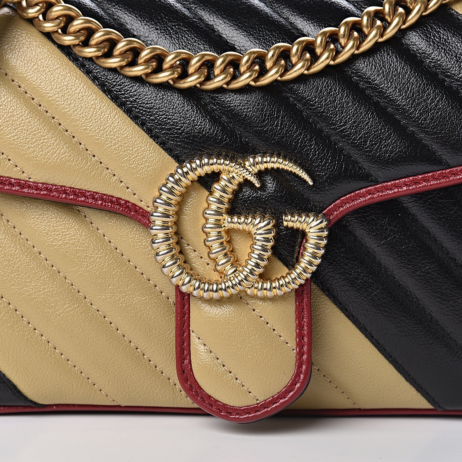 Gucci Vintage Effect Calfskin Matelasse Diagonal Striped Small Torchon GG Marmont Shoulder Bag Black Beige 10 of 10