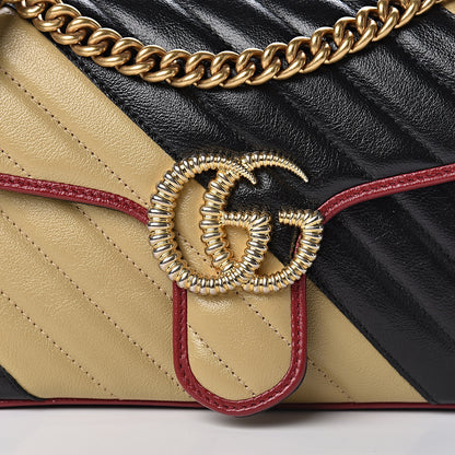 Gucci Vintage Effect Calfskin Matelasse Diagonal Striped Small Torchon GG Marmont Shoulder Bag Black Beige 10 of 10
